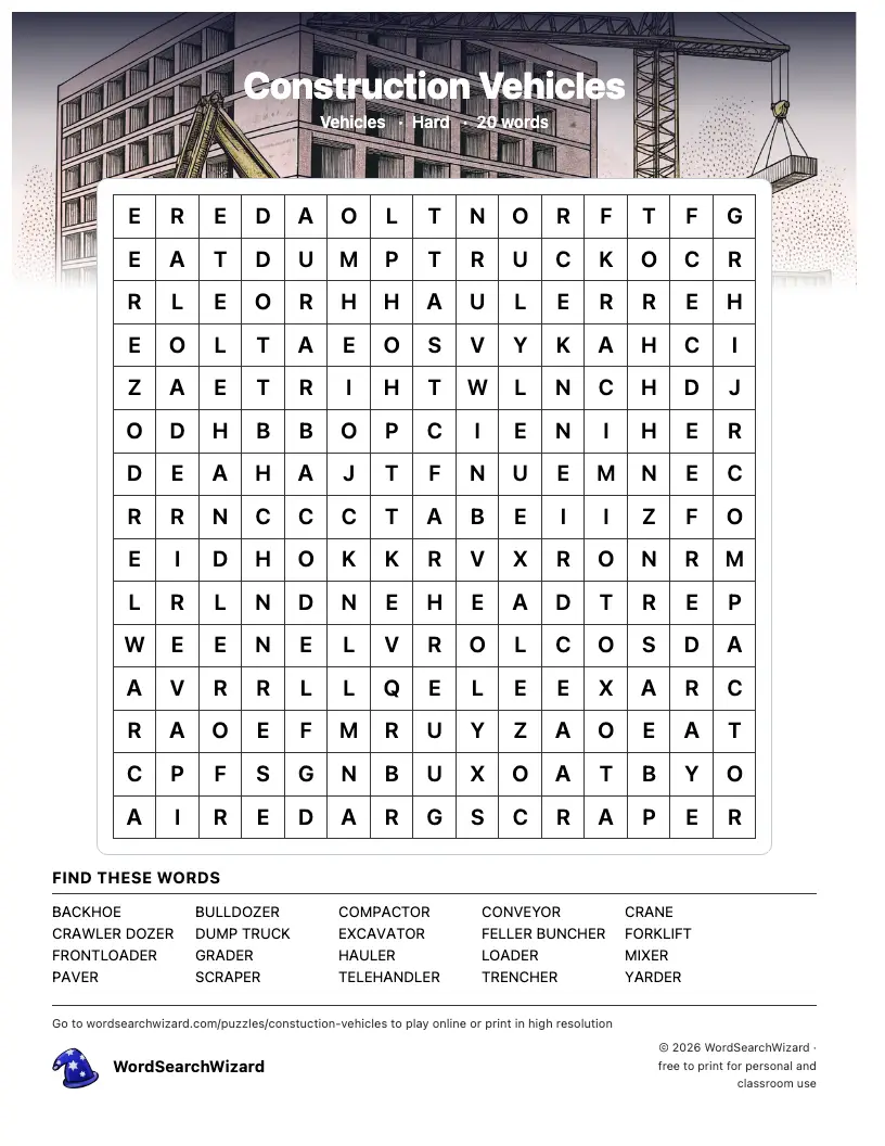 Construction Vehicles word search printable sheet, 20 words to find