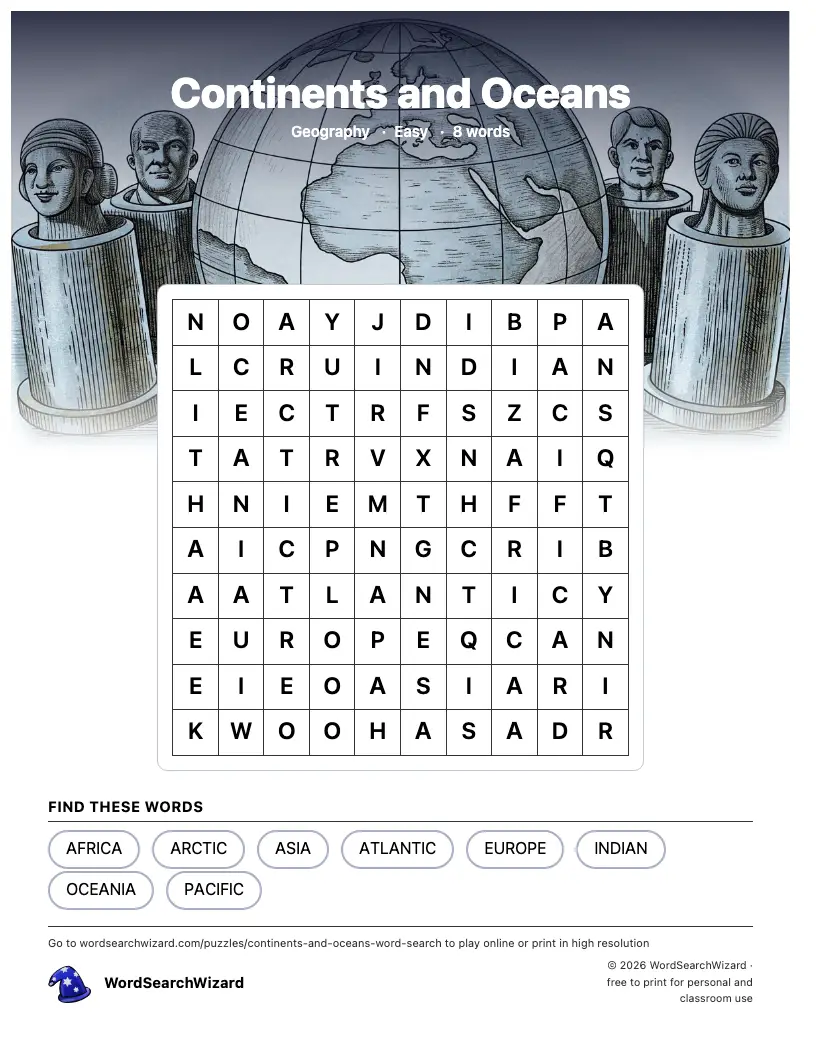 Continents and Oceans word search printable sheet, 8 words to find