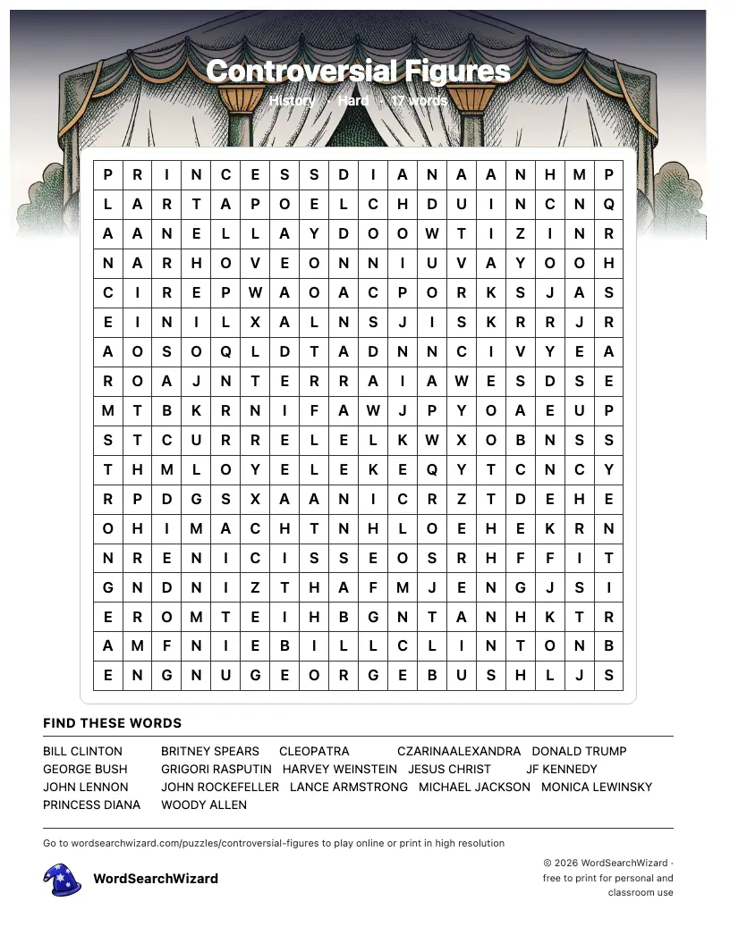 Controversial Figures word search printable sheet, 17 words to find