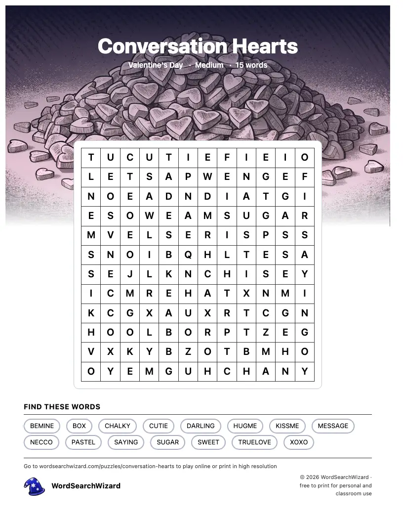 Conversation Hearts word search printable sheet, 15 words to find