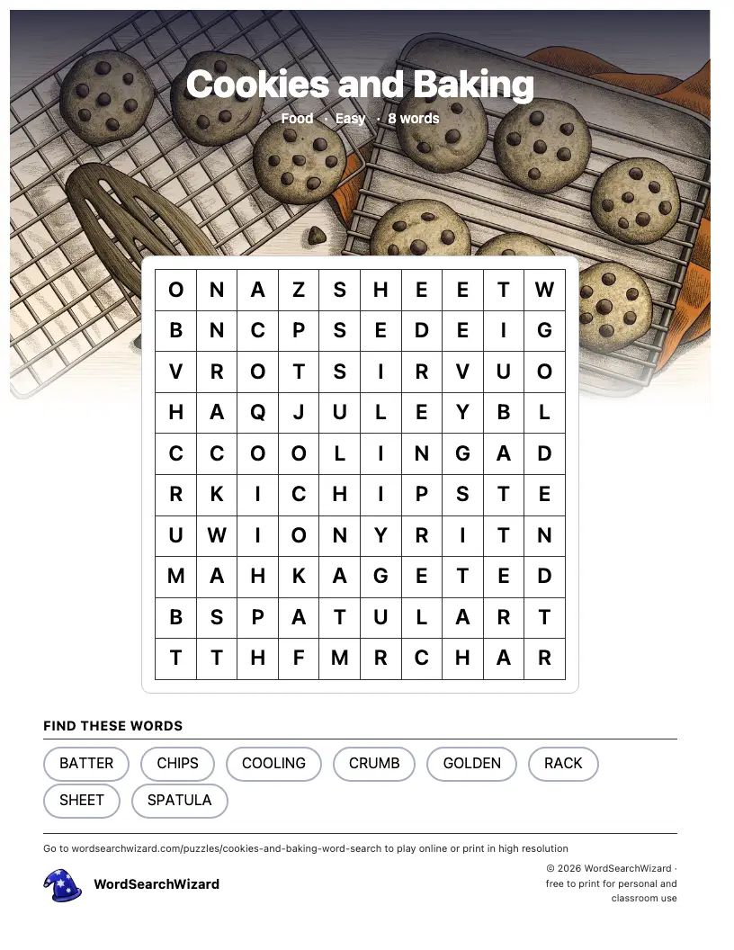 Cookies and Baking word search printable sheet, 8 words to find