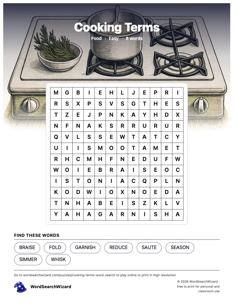 Cooking Terms word search printable sheet, 8 words to find