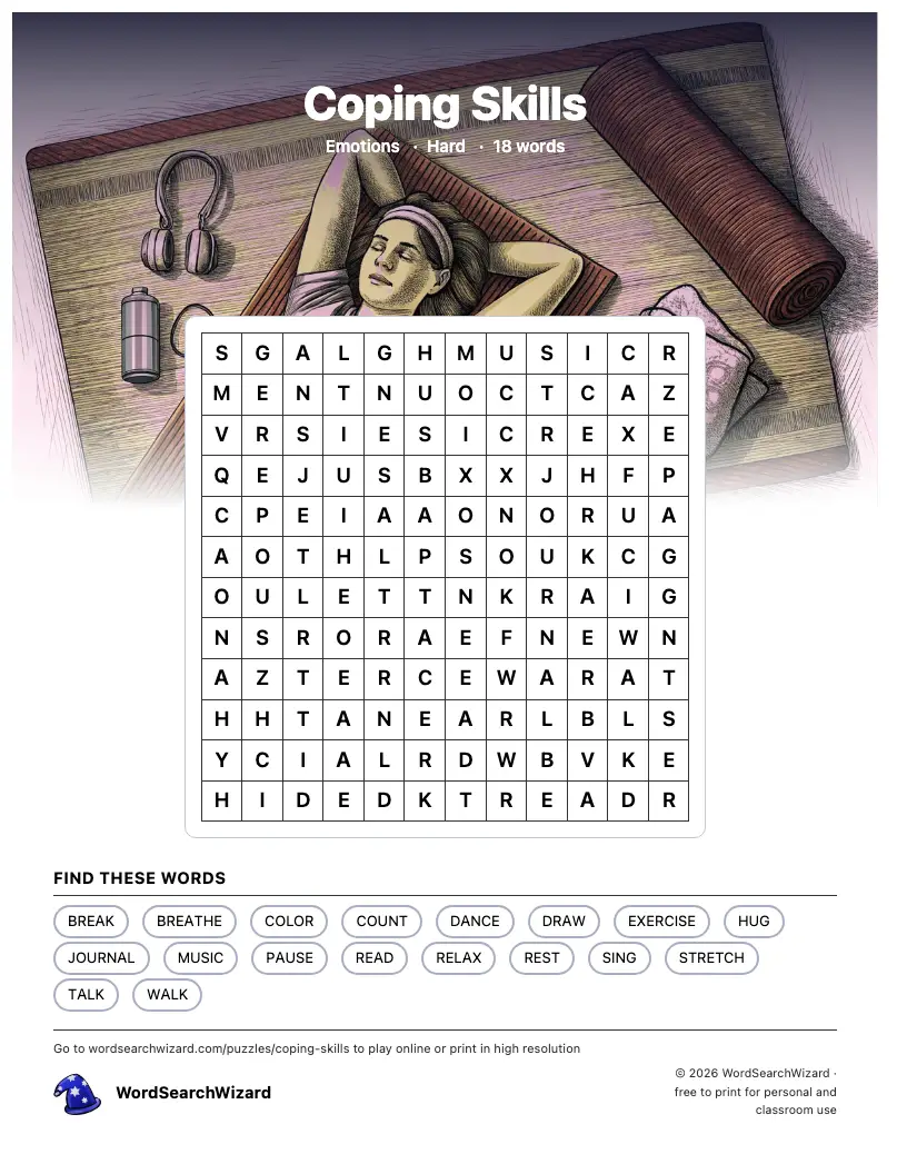 Coping Skills word search printable sheet, 18 words to find