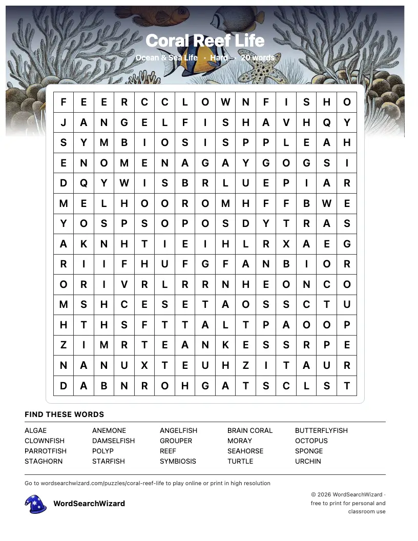 Coral Reef Life word search printable sheet, 20 words to find
