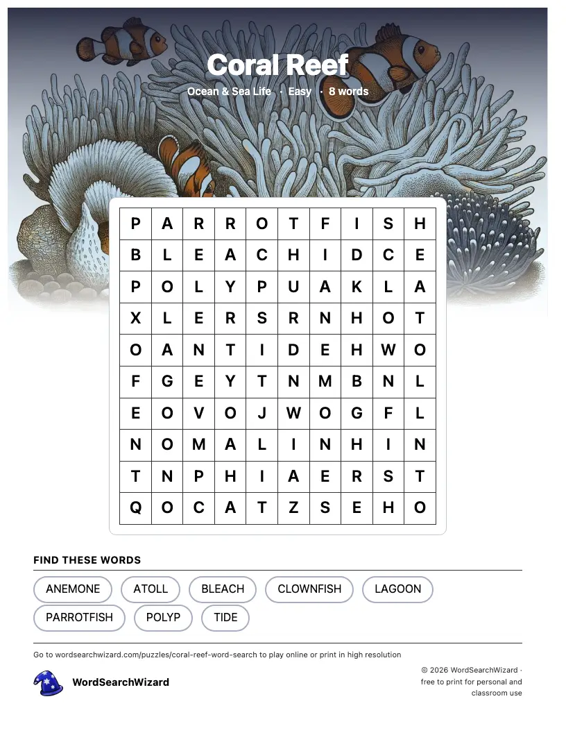 Coral Reef word search printable sheet, 8 words to find