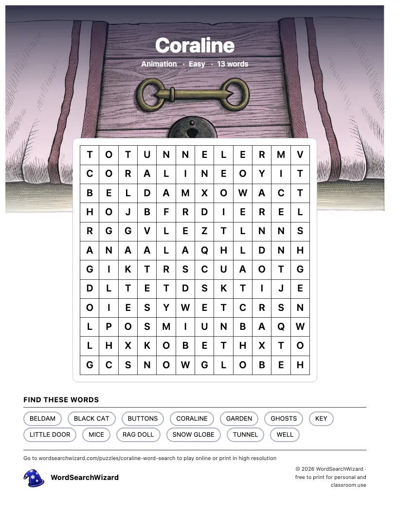 Coraline word search printable sheet, 13 words to find