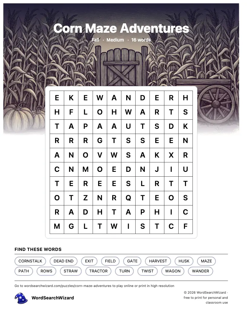 Corn Maze Adventures word search printable sheet, 16 words to find