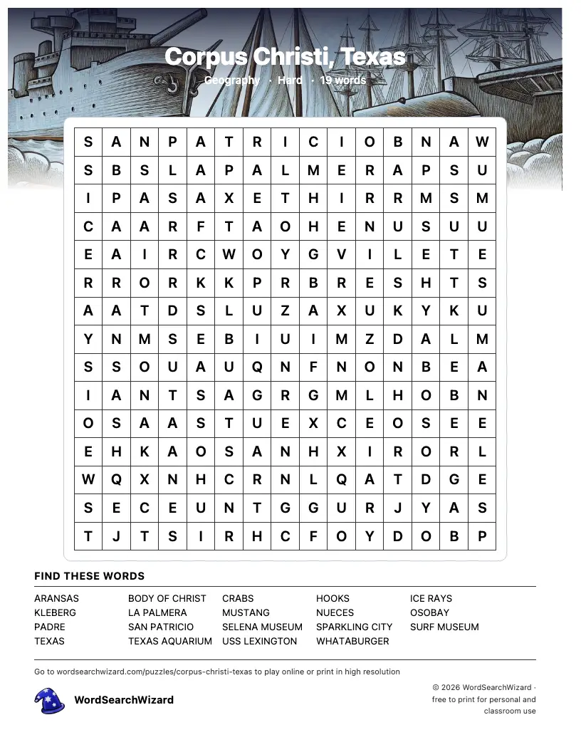 Corpus Christi, Texas word search printable sheet, 19 words to find