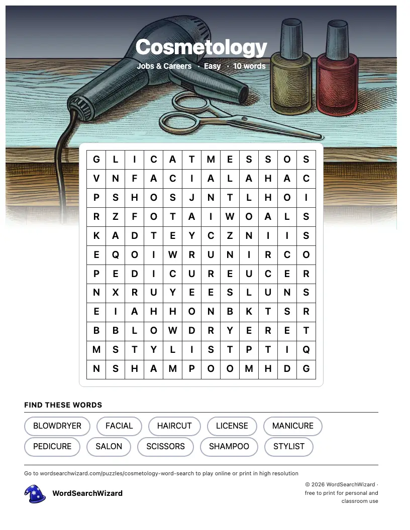 Cosmetology word search printable sheet, 10 words to find