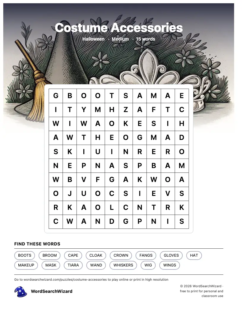 Costume Accessories word search printable sheet, 15 words to find