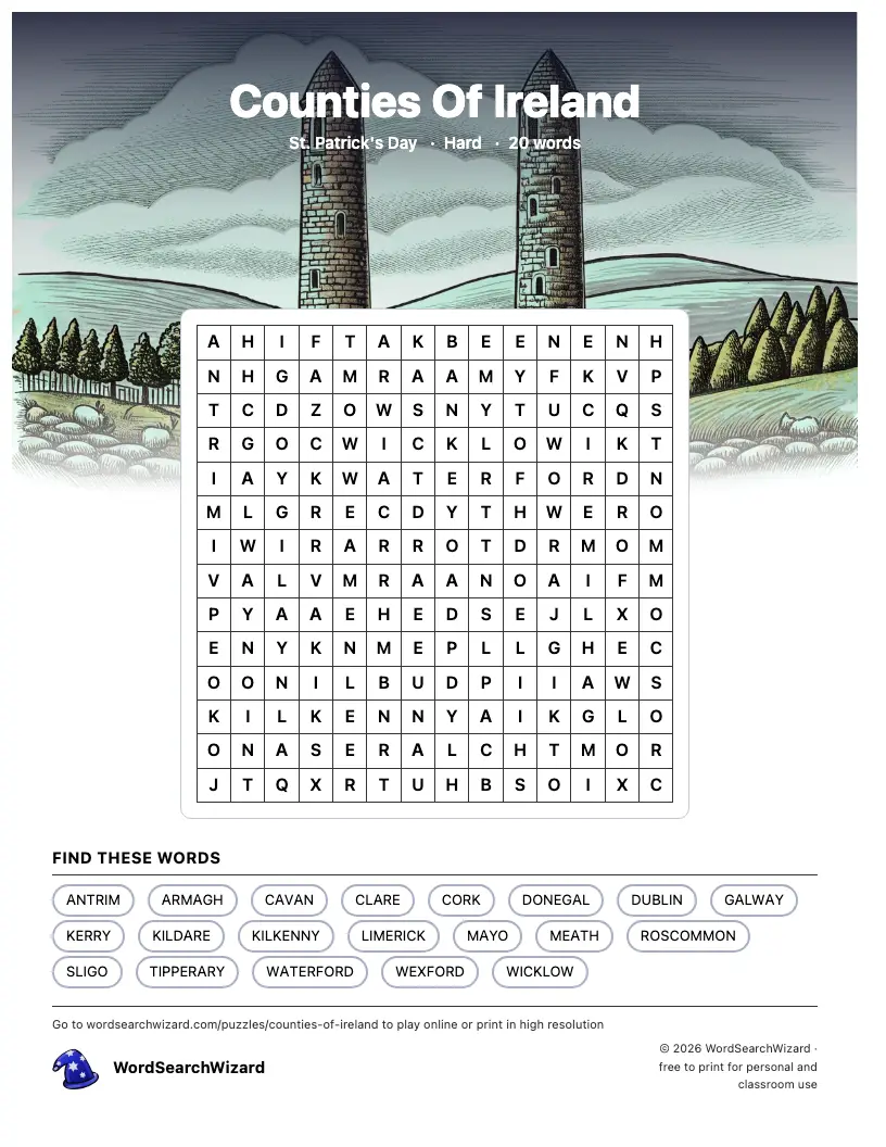 Counties Of Ireland word search printable sheet, 20 words to find