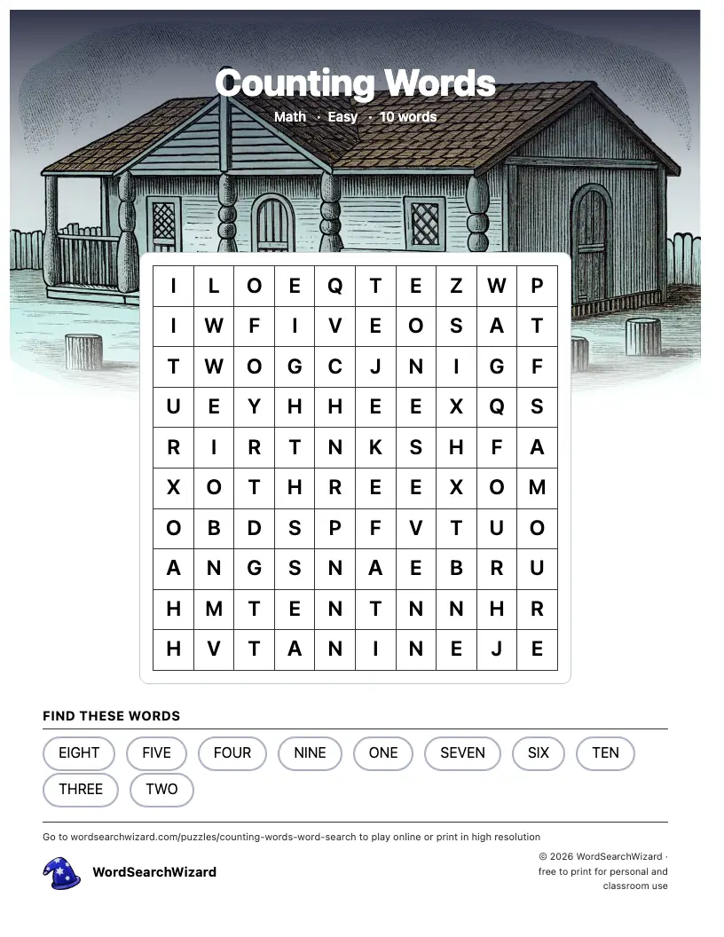 Counting Words word search printable sheet, 10 words to find