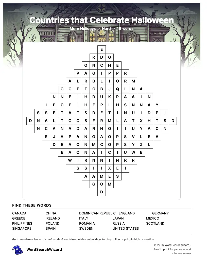 Countries that Celebrate Halloween word search printable sheet, 19 words to find