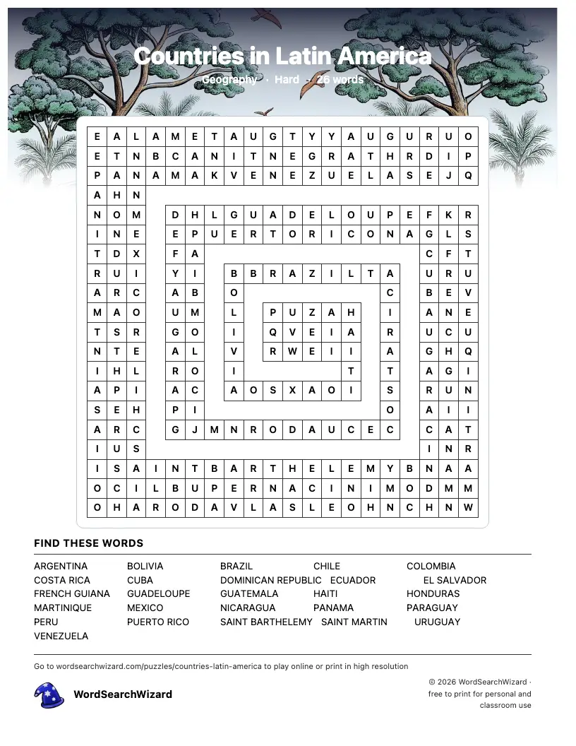 Countries in Latin America word search printable sheet, 26 words to find