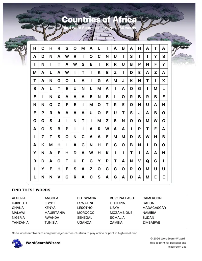 Countries of Africa word search printable sheet, 30 words to find