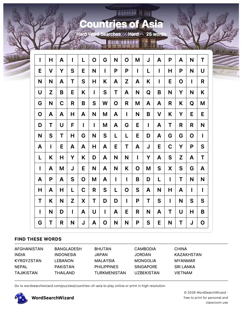 Countries of Asia word search printable sheet, 25 words to find