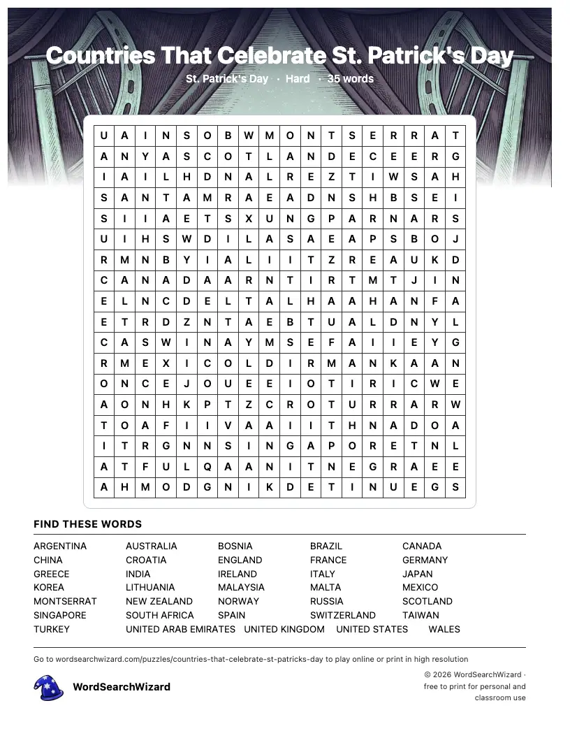 Countries That Celebrate St. Patrick's Day word search printable sheet, 35 words to find