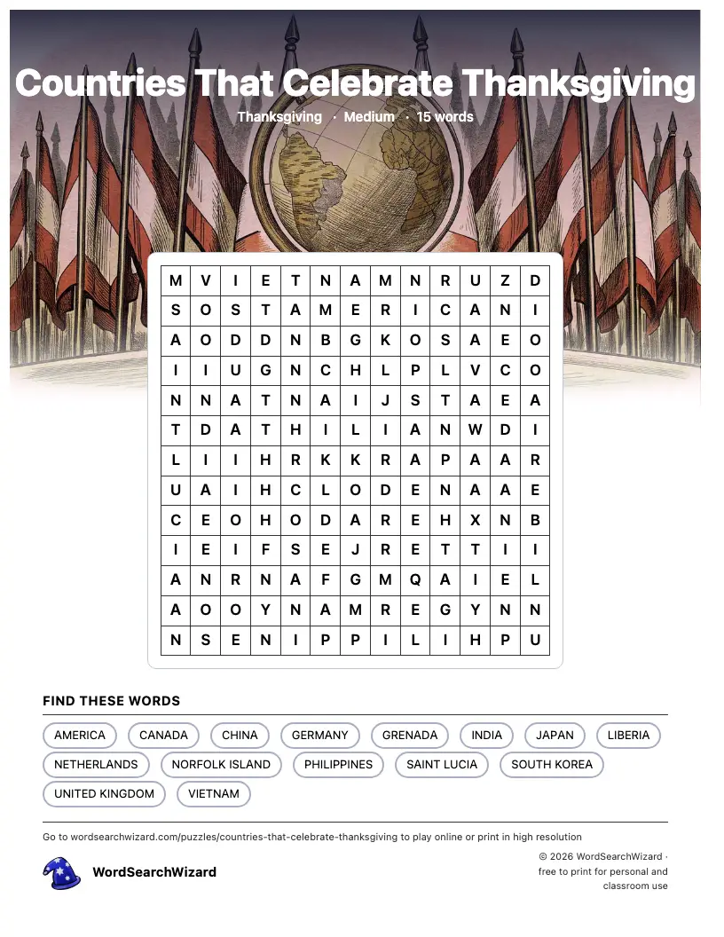 Countries That Celebrate Thanksgiving word search printable sheet, 15 words to find