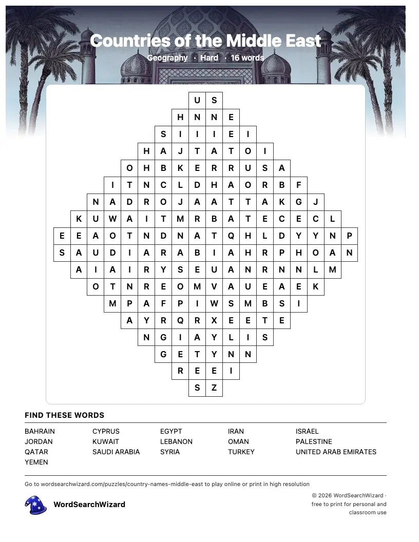Countries of the Middle East word search printable sheet, 16 words to find