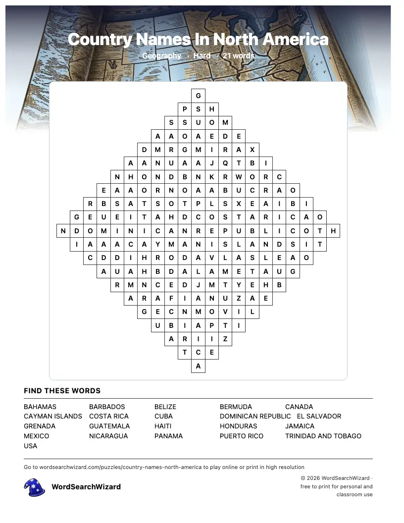 Country Names In North America word search printable sheet, 21 words to find