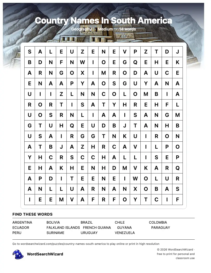 Country Names In South America word search printable sheet, 14 words to find