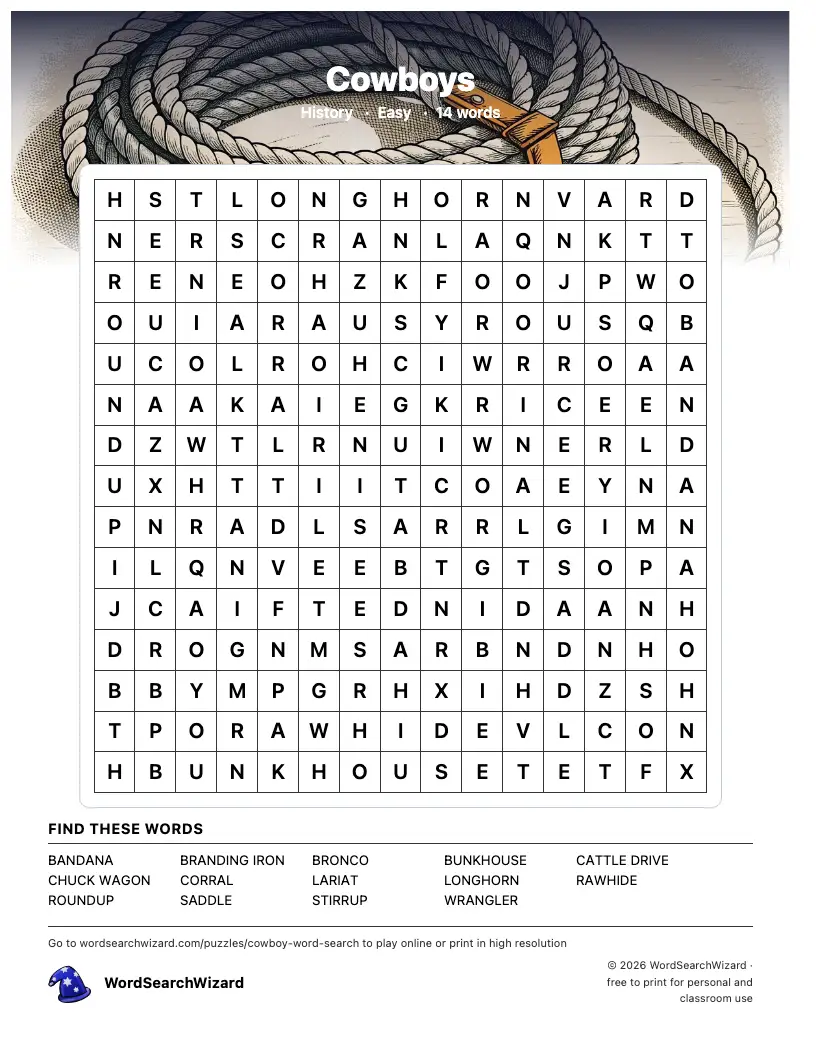 Cowboys word search printable sheet, 14 words to find