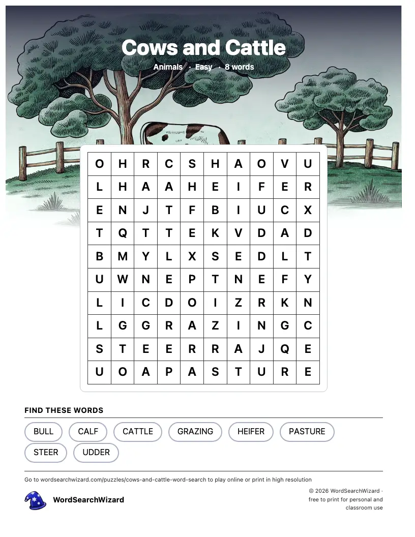 Cows and Cattle word search printable sheet, 8 words to find