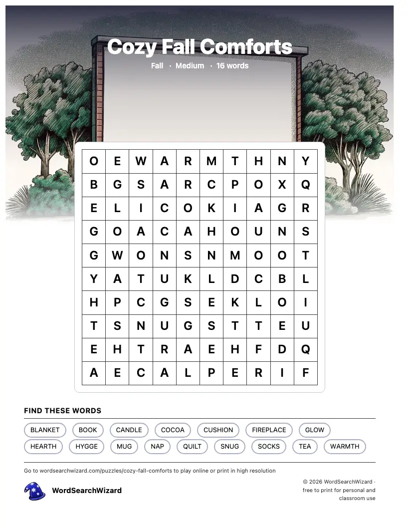 Cozy Fall Comforts word search printable sheet, 16 words to find