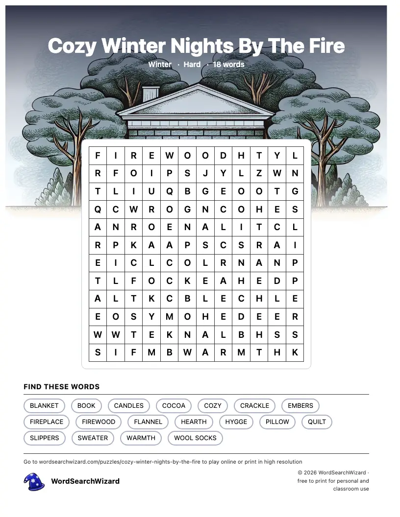 Cozy Winter Nights By The Fire word search printable sheet, 18 words to find