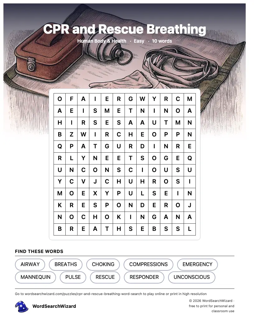 CPR and Rescue Breathing word search printable sheet, 10 words to find