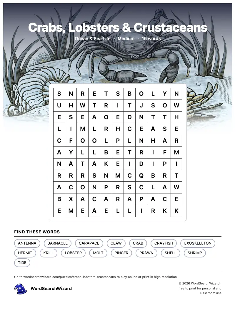 Crabs, Lobsters & Crustaceans word search printable sheet, 16 words to find