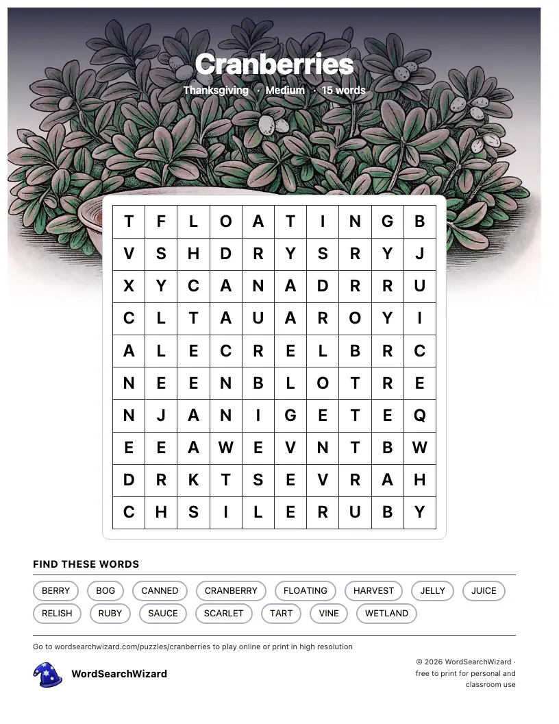 Cranberries word search printable sheet, 15 words to find