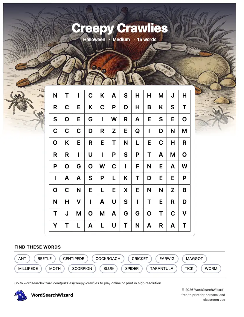 Creepy Crawlies word search printable sheet, 15 words to find