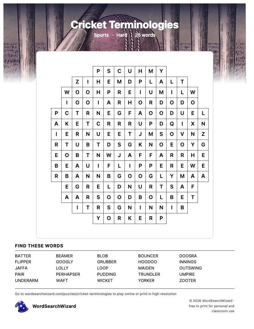 Cricket Terminologies word search printable sheet, 25 words to find