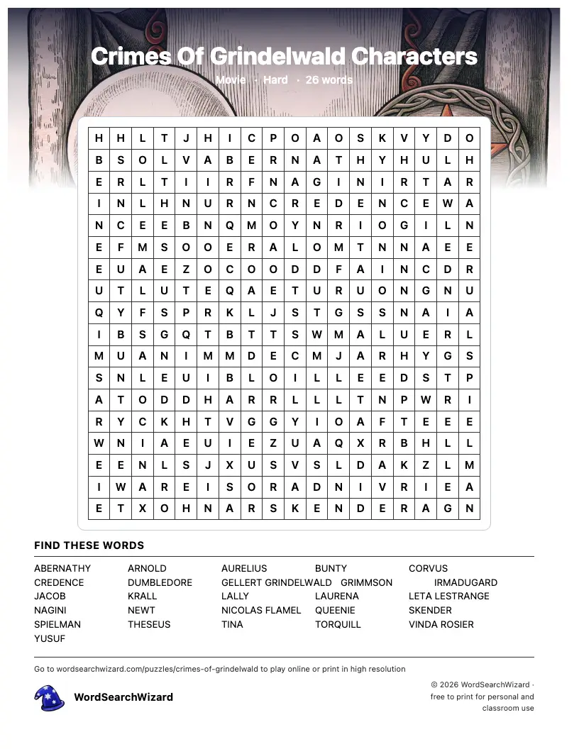 Crimes Of Grindelwald Characters word search printable sheet, 26 words to find