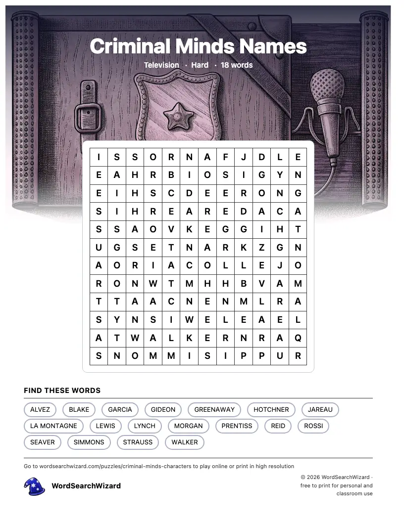 Criminal Minds Names word search printable sheet, 18 words to find