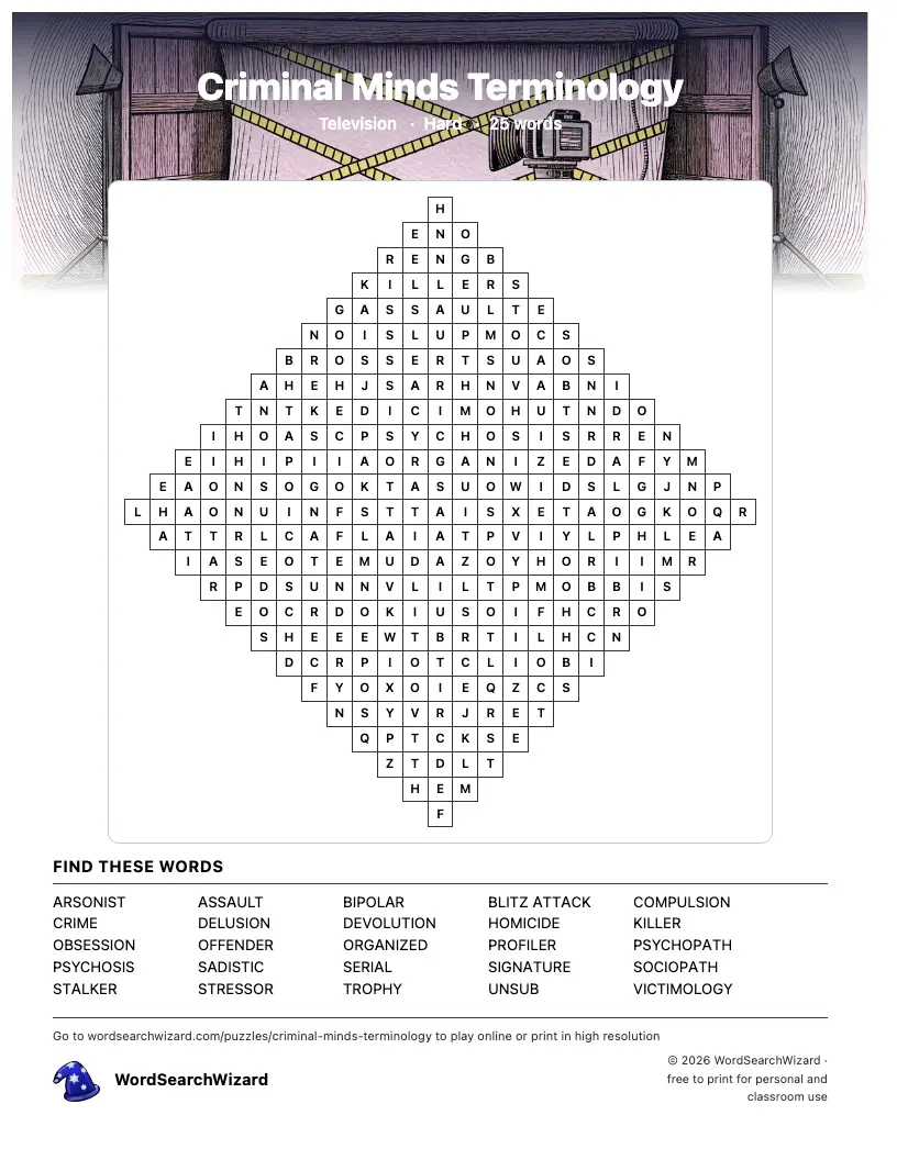 Criminal Minds Terminology word search printable sheet, 25 words to find