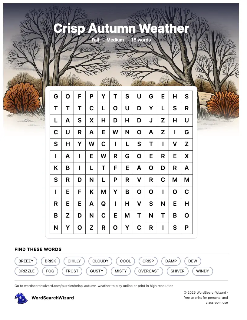 Crisp Autumn Weather word search printable sheet, 16 words to find