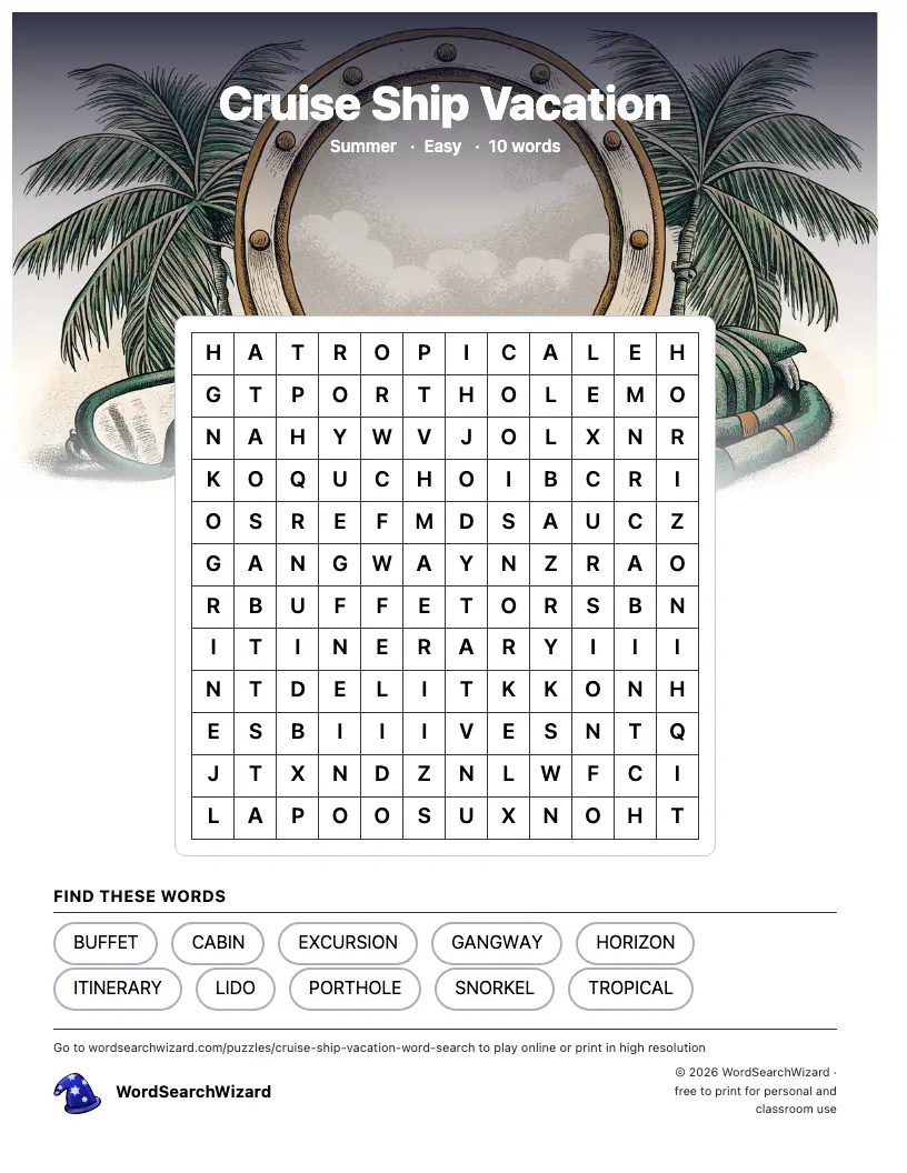 Cruise Ship Vacation word search printable sheet, 10 words to find