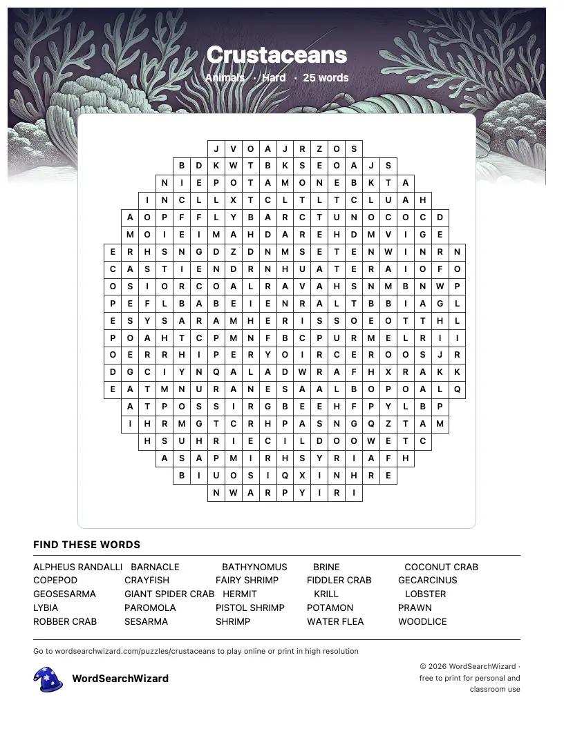 Crustaceans word search printable sheet, 25 words to find