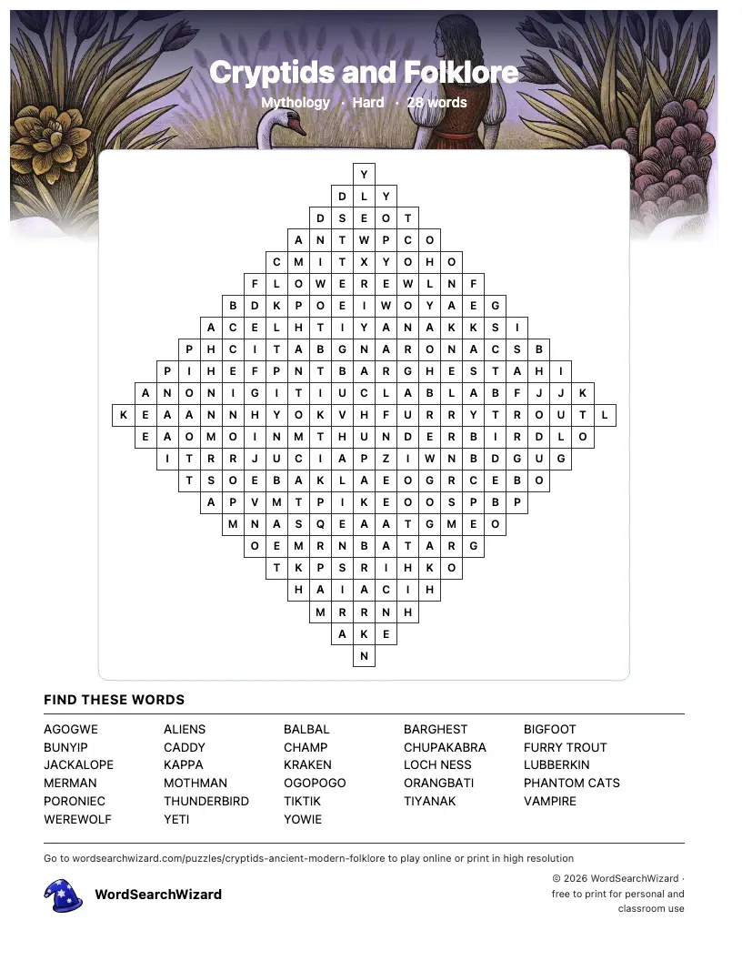 Cryptids and Folklore word search printable sheet, 28 words to find
