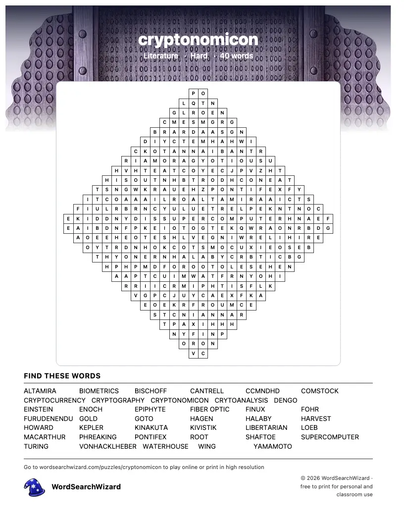 cryptonomicon word search printable sheet, 40 words to find