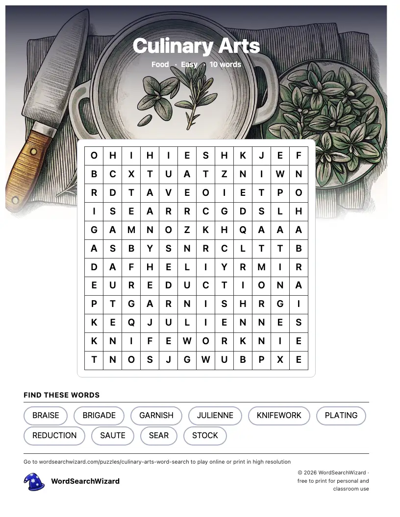 Culinary Arts word search printable sheet, 10 words to find