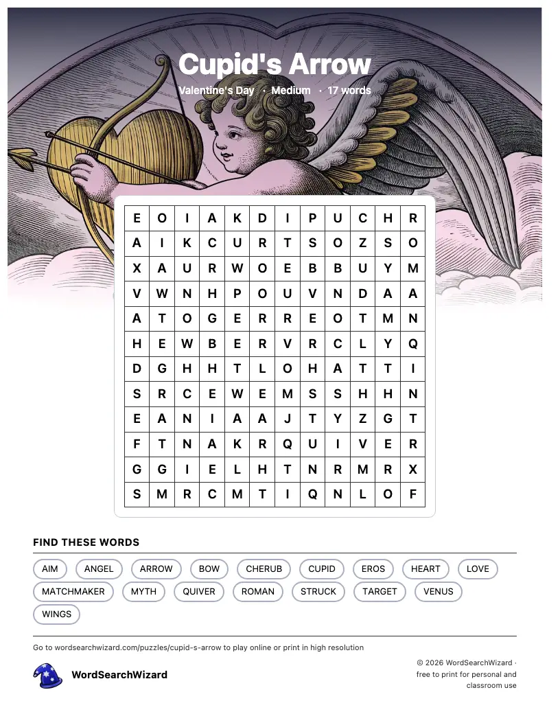 Cupid's Arrow word search printable sheet, 17 words to find