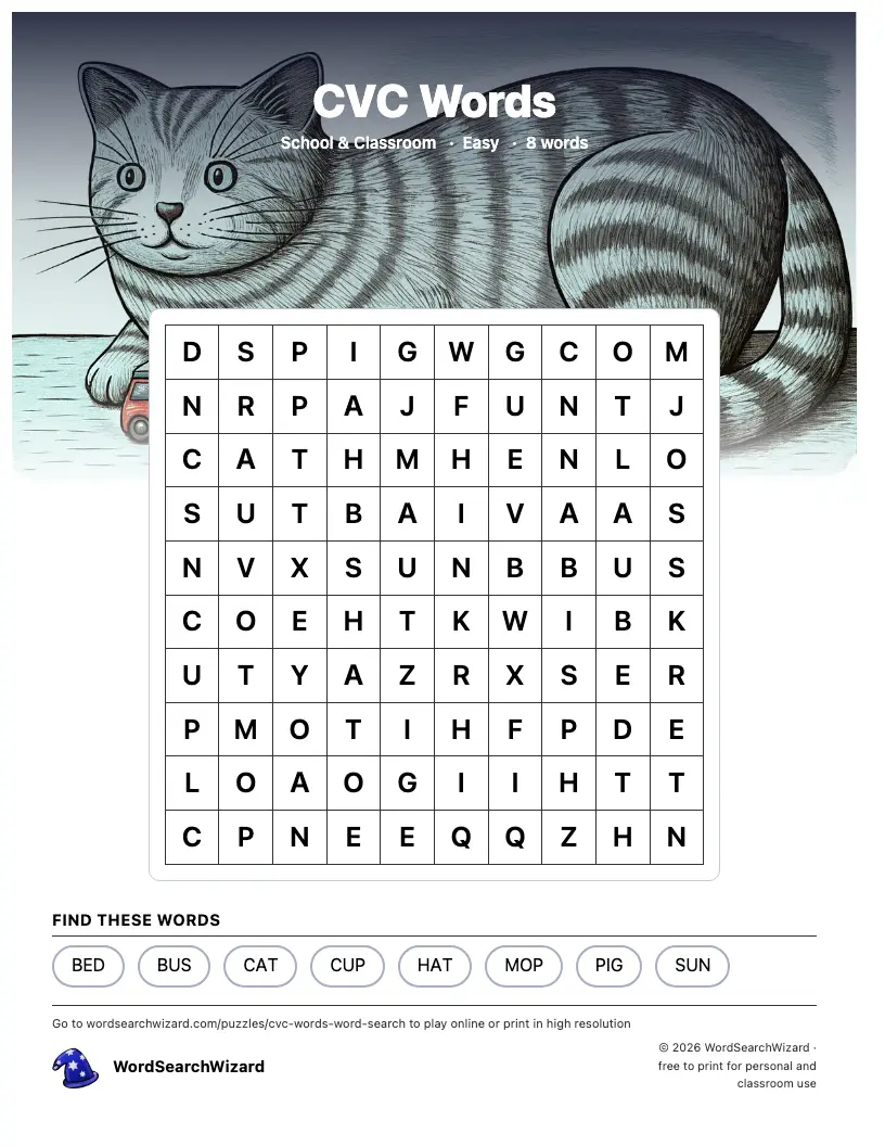 CVC Words word search printable sheet, 8 words to find
