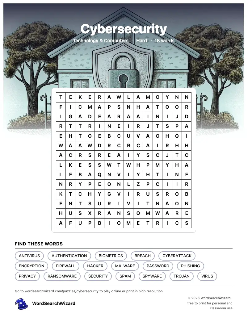 Cybersecurity word search printable sheet, 18 words to find