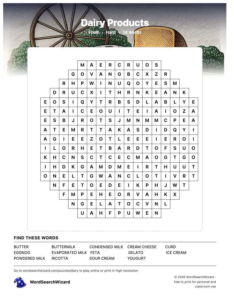 Dairy Products word search printable sheet, 14 words to find