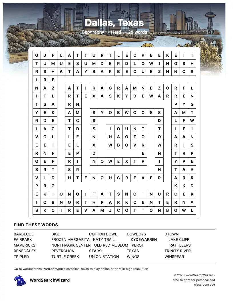 Dallas, Texas word search printable sheet, 25 words to find