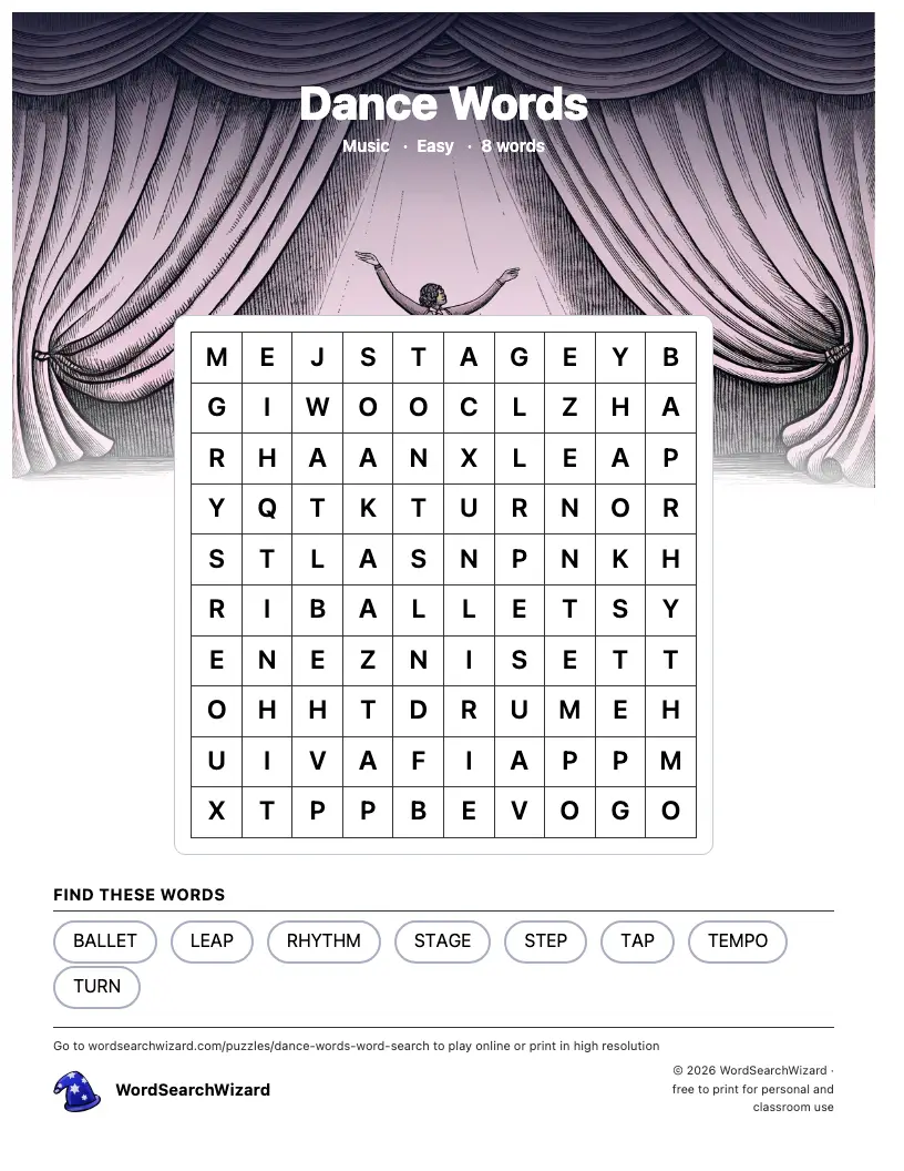 Dance Words word search printable sheet, 8 words to find