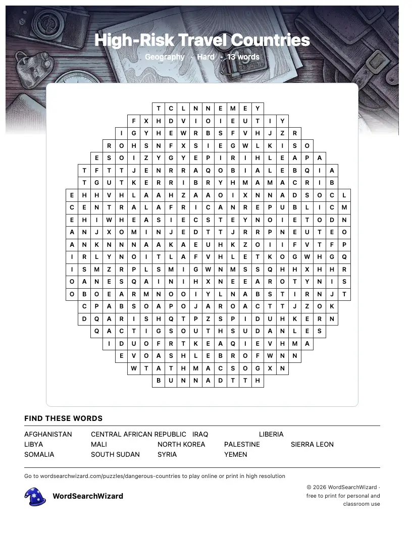 High-Risk Travel Countries word search printable sheet, 13 words to find